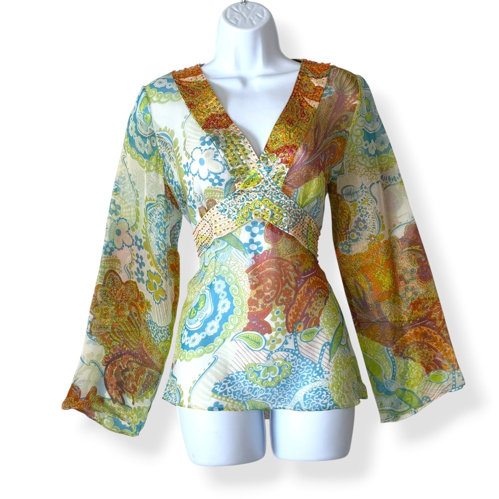 Vtg Cache Blouse 8 M Y2K 90s Paisley Beaded Sheer Bell Sleeve Boho Fairy Whimsy - Picture 1 of 13